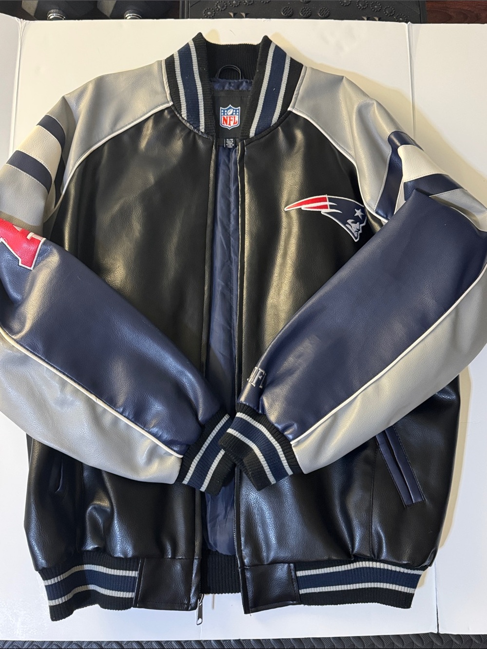 NFL New England Patriots Leather Varsity Jacket in Navy, Black & Gray